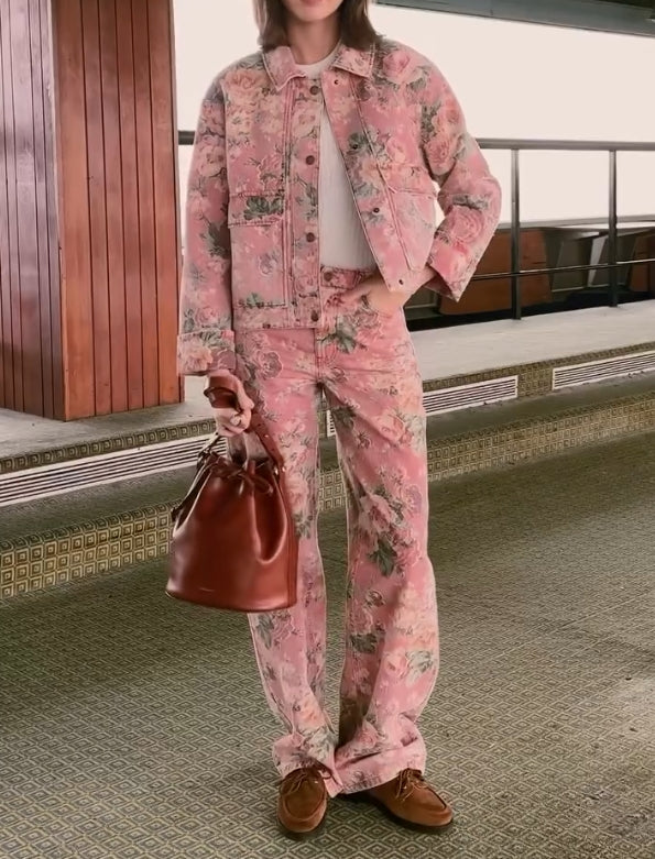 Spring new pink flower denim two-piece suit