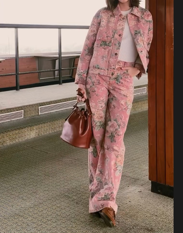 Spring new pink flower denim two-piece suit