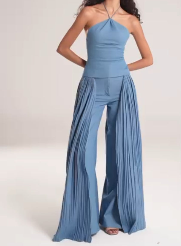 Fashion sexy chain hanging neck backless pleated wide-leg pants two-piece suit