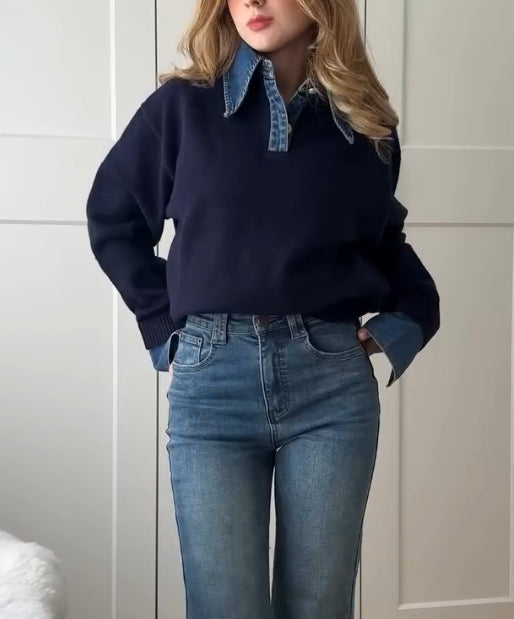 Spring new navy blue denim patchwork knitted top