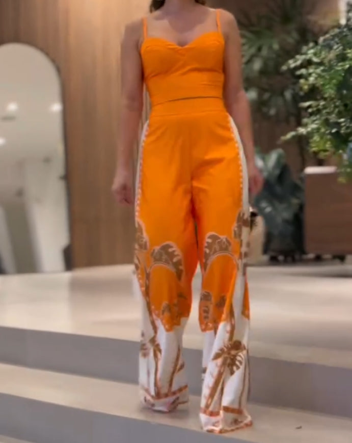 Orange suspender printed casual jumpsuit