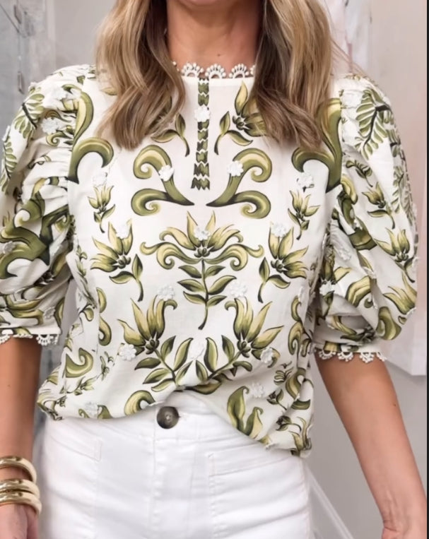 Green printed bubble sleeve top