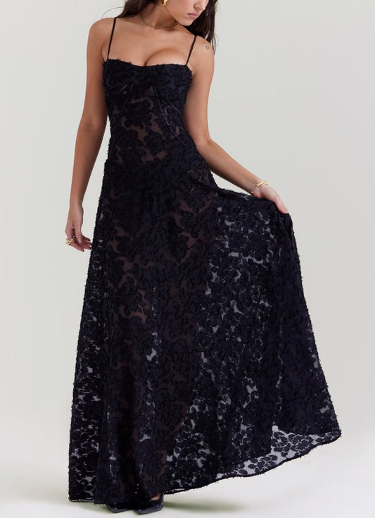 black floral lace back maxi dress