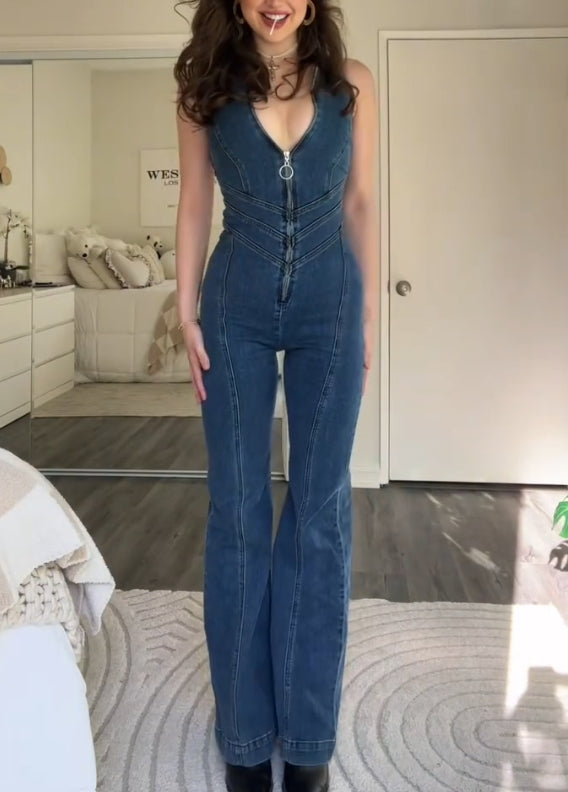 Zipper denim sexy backless jumpsuit