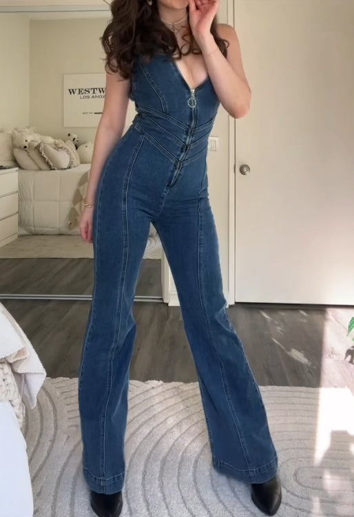 Zipper denim sexy backless jumpsuit