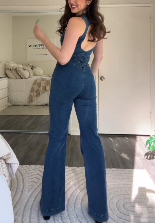 Zipper denim sexy backless jumpsuit