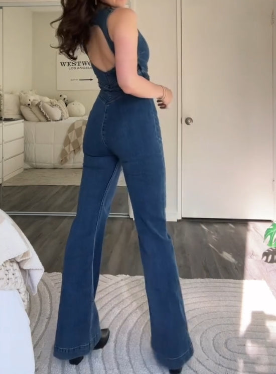 Zipper denim sexy backless jumpsuit