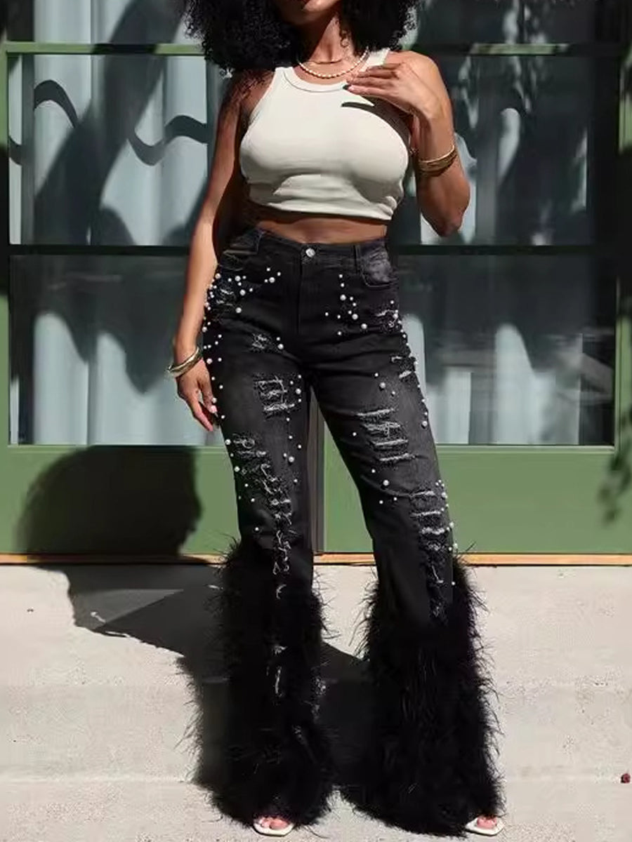 High-waisted Distressed Pearl-embellished Feather Jeans