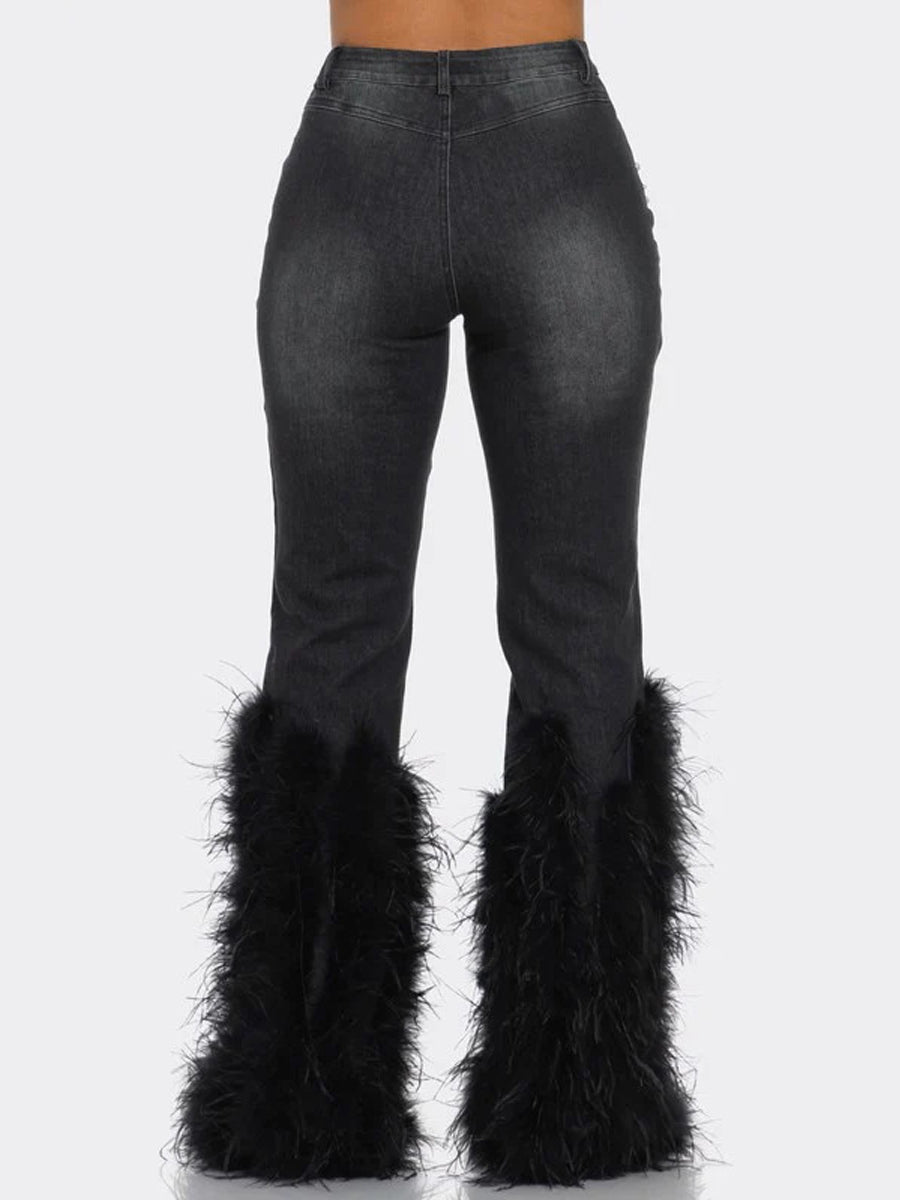 High-waisted Distressed Pearl-embellished Feather Jeans