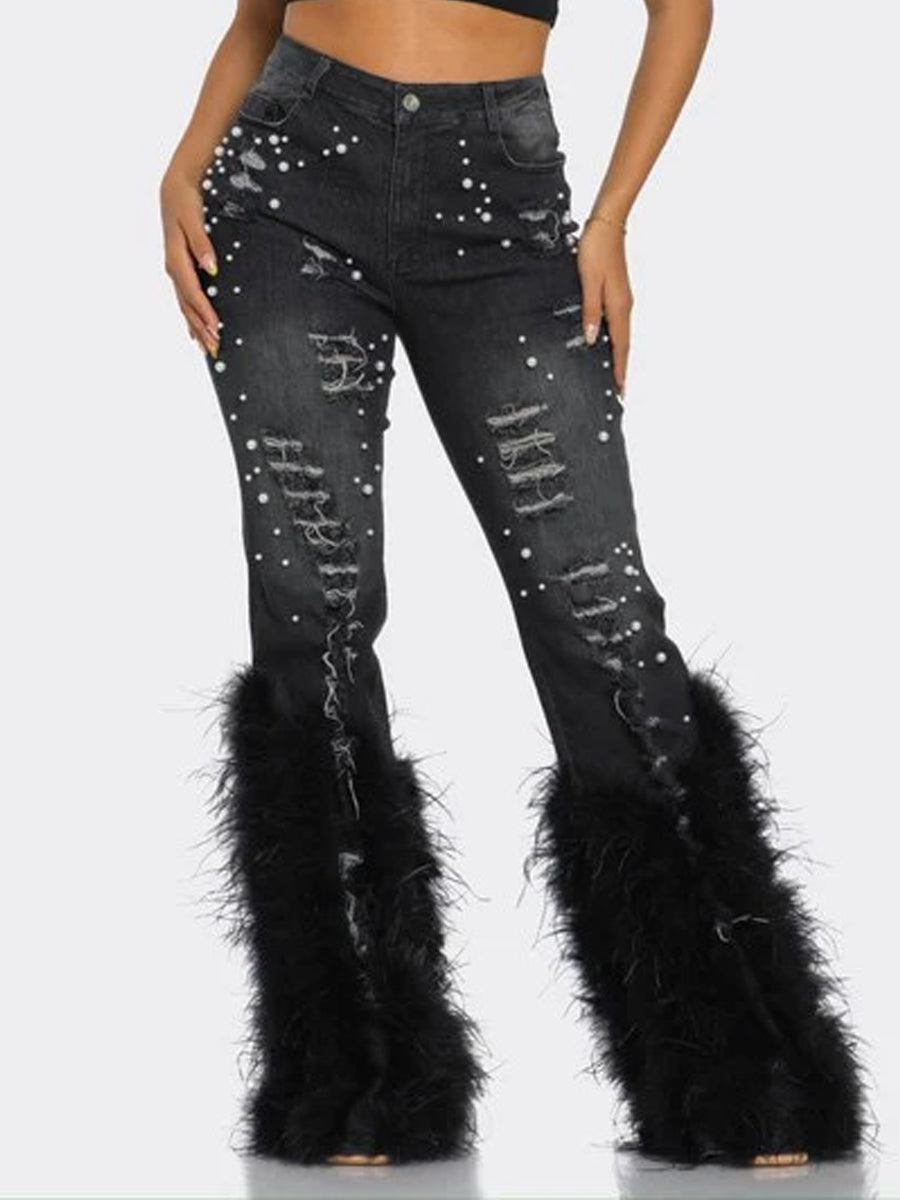 High-waisted Distressed Pearl-embellished Feather Jeans