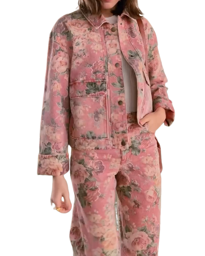 Spring new pink flower denim two-piece suit