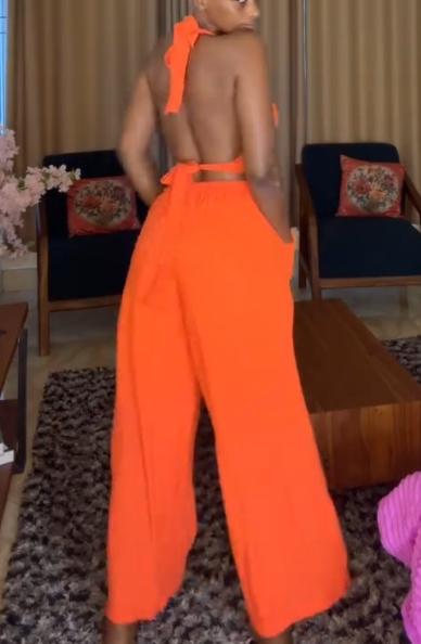 Orange neck sling wide-leg pants two-piece suit